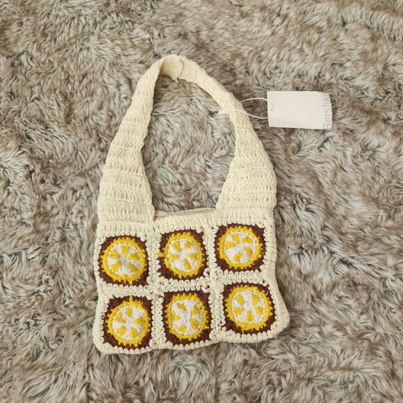 Bershka Crochet Shoulder Bag Yellow and Brown Snap Closure New with Tags - Picture 1 of 11
